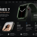 A modern Apple Watch Series 7 website with a sleek dark design, premium product images, bold typography, and a clean, elegant layout.