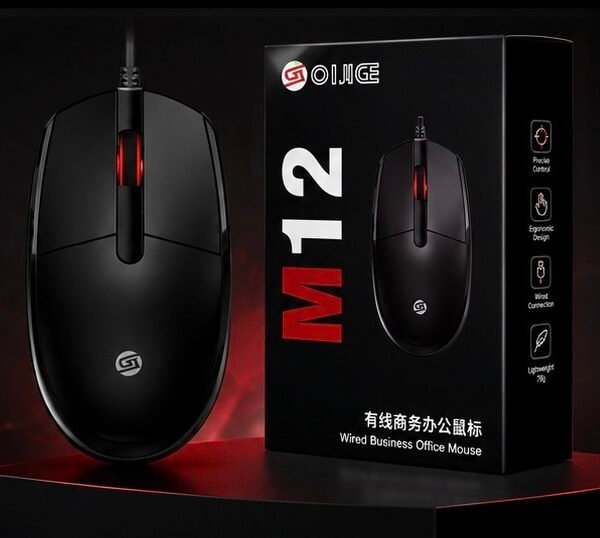 OIJGE M12 Wired Business Office Mouse Short Description A sleek and comfortable wired mouse designed for everyday office work, study, and general computer use. Its ergonomic design provides smooth and comfortable handling for long hours of use. Product Features * Brand: OIJGE * Model: M12 * Type: Wired USB Mouse * Weight: 78g ± 5g * Size: 115 × 63 × 36 mm * Input: 5V ⎓ 100mA * Connection: USB Wired * Design: Ergonomic and lightweight * Best For: Office work, studying, browsing, and everyday computer use Website Marketing Text Smooth Control. Comfortable Design. Everyday Performance. The OIJGE M12 Wired Mouse combines a simple, modern design with comfortable handling, making it a practical choice for work, study, and daily computer use.